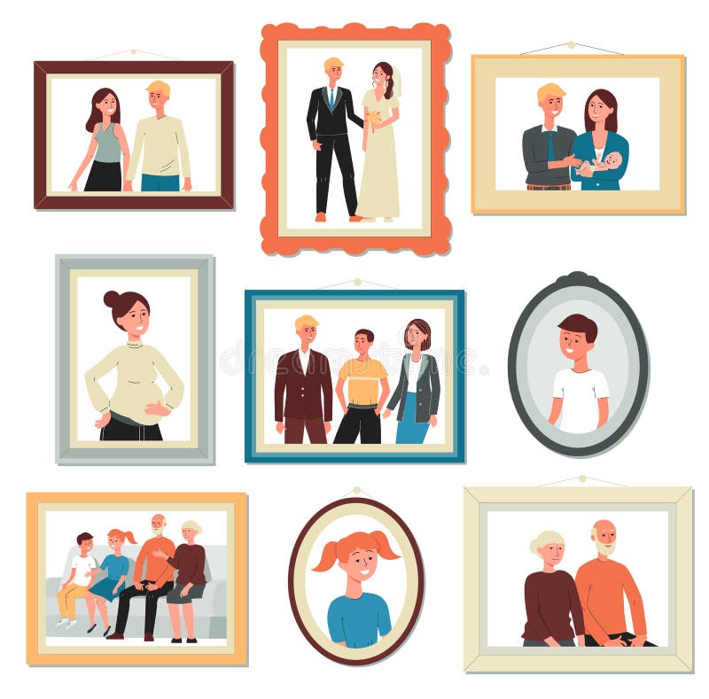 Stages of Family Concept with Relatives Photos Flat Vector Illustration ...