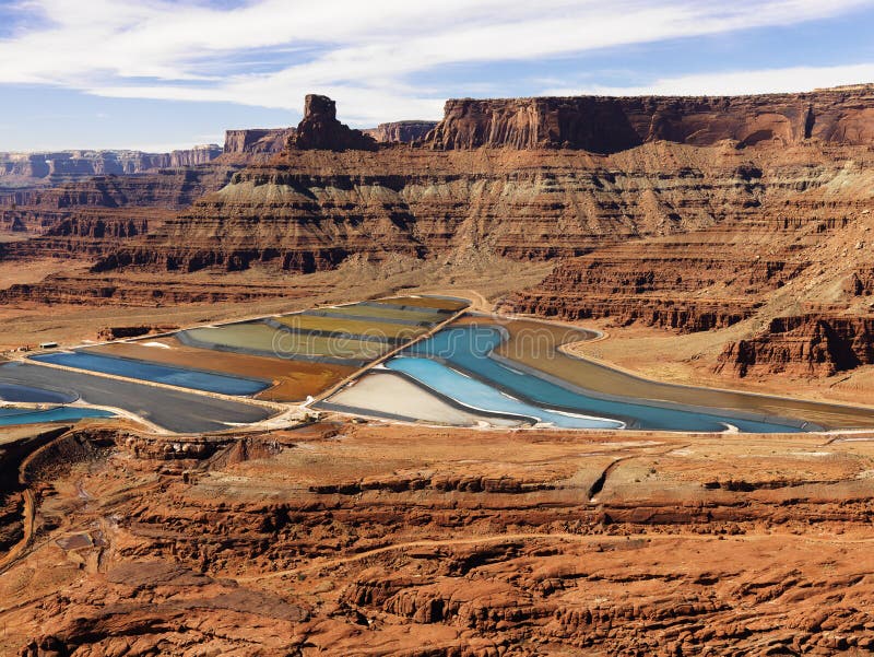 Aerial view of an arid, craggy landscape surrounding tailing ponds. Horizontal shot. Aerial view of an arid, craggy landscape surrounding tailing ponds. Horizontal shot.