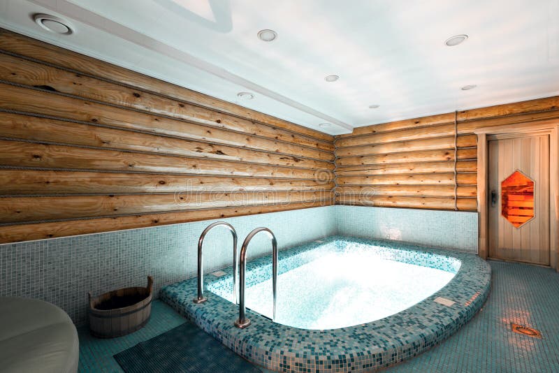 Stagno e sauna in una cabina di ceppo rustica, nelle montagne con un ... Cabina sauna domestica