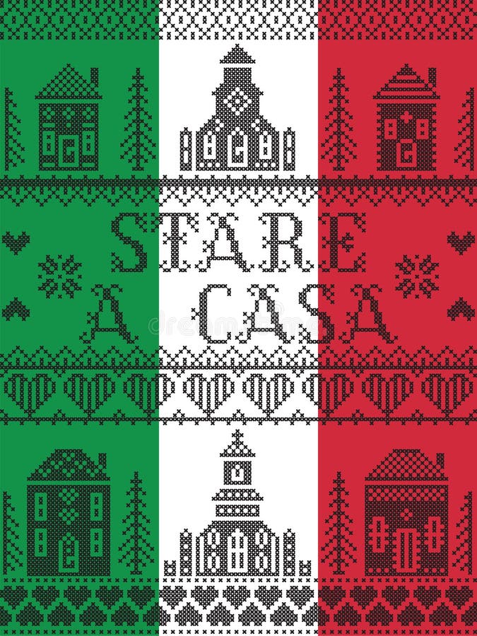 Stai acasă în italiană, uită-te la stilul casei nordice, la steagul italian, cu elemente din satul scandinav. royalty free illustration