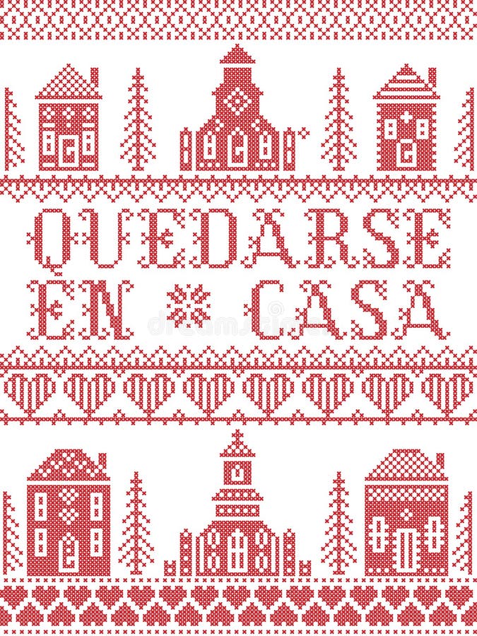 Stai acasă în spaniolă quedass en casa nordic stil inspirat cruce cusute cu elemente scandinave sat sat biserică sat royalty free illustration