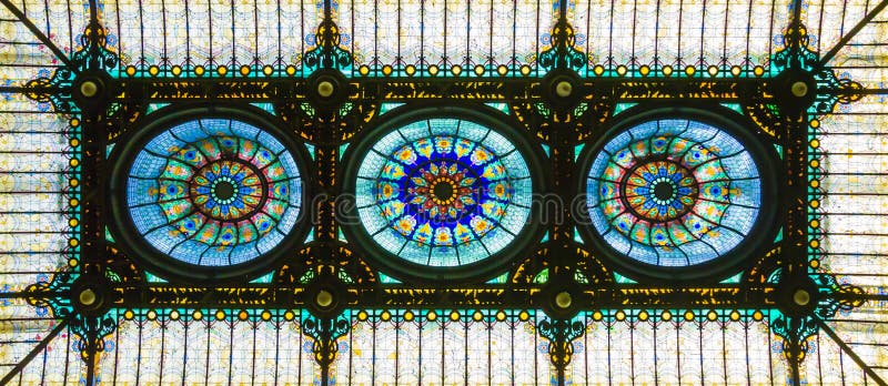 Stained glass ceiling in floral art nouveau style stock photos Stained glass ceiling in floral art nouveau style stock photos