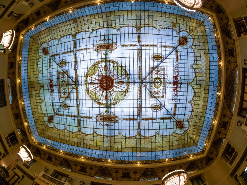 Stained-glass ceiling roof of Metropol hotel main restaurant in Moscow stock image Stained-glass ceiling roof of Metropol hotel main restaurant in Moscow stock image