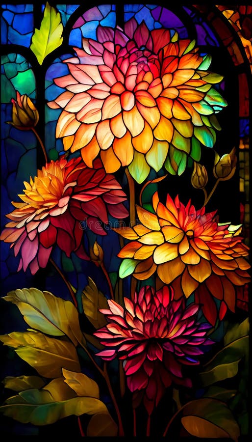 Stained Glass Dahlias stock illustration. Illustration of colored