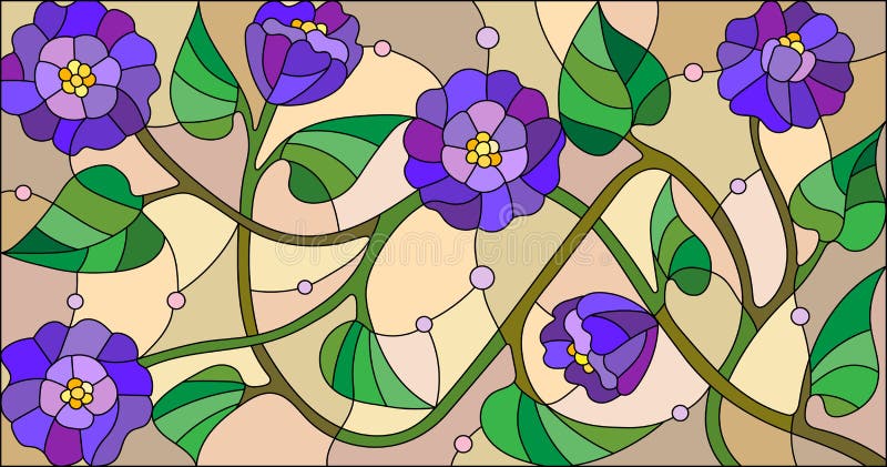 Stained glass illustration with abstract blue flowers on a beige background stock illustration Stained glass illustration with abstract blue flowers on a beige background stock illustration