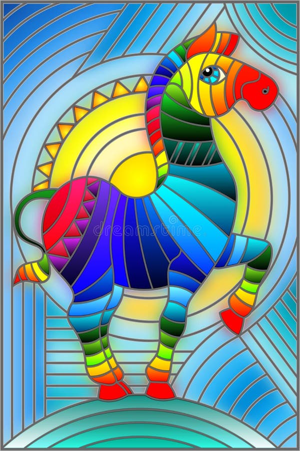 Stained Glass Illustration with Abstract Geometric Rainbow Zebra Stock