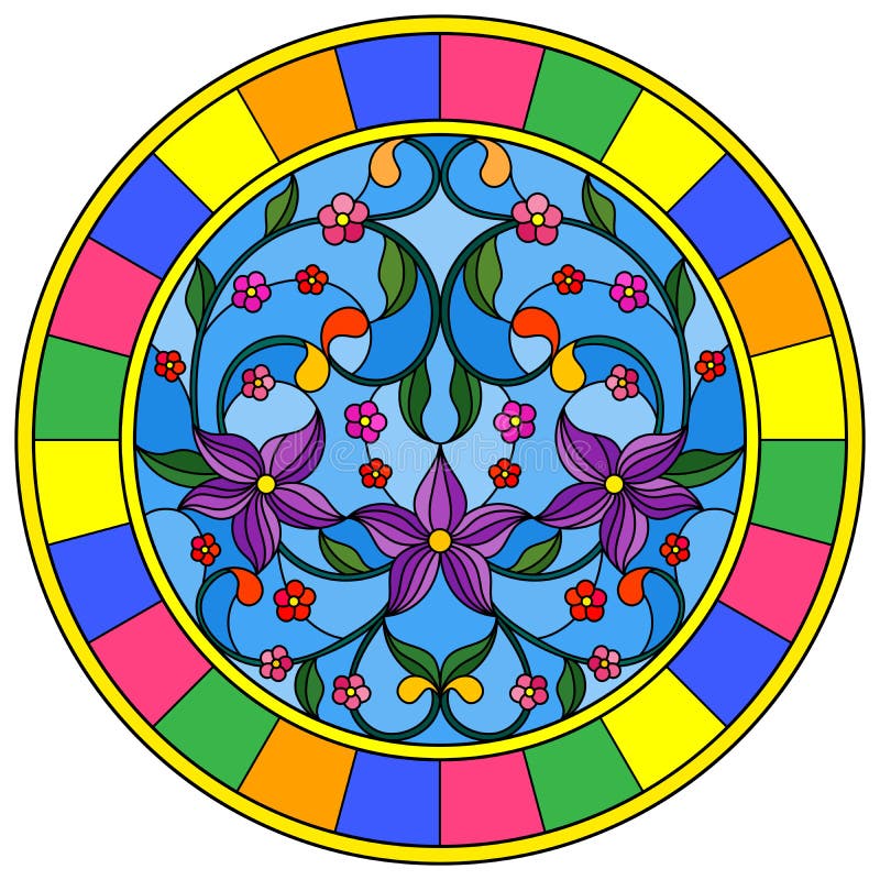 Stained glass illustration with abstraction flowers and leaves on a blue background in a bright frame