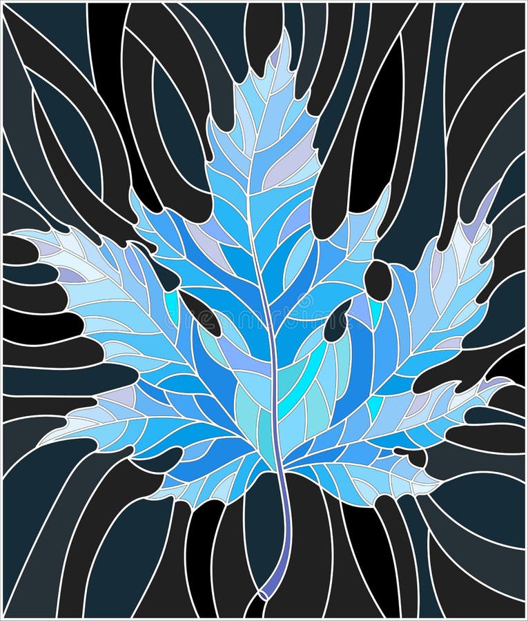 Stained glass illustration with blue maple leaf on a black background royalty free illustration