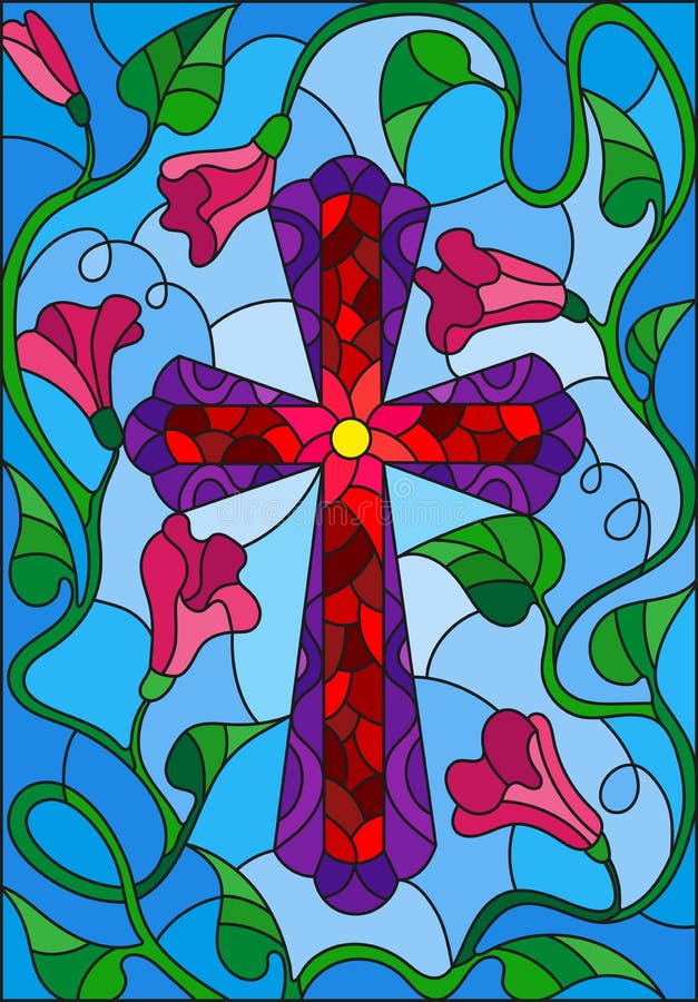 Stained glass illustration with a bright cross in the sky and pink flowers