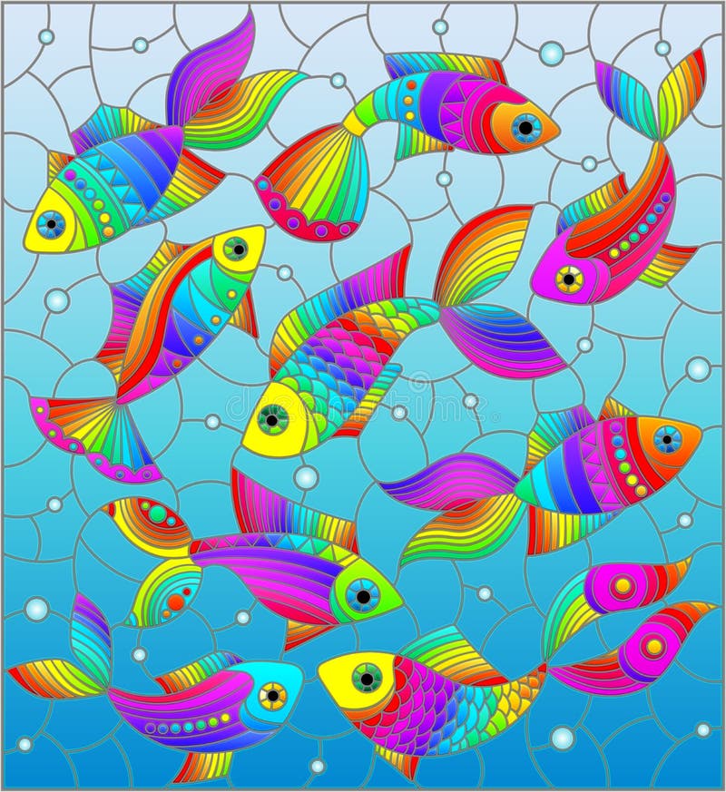 Stained Glass Illustration with Bright Rainbow Fish on a Blue