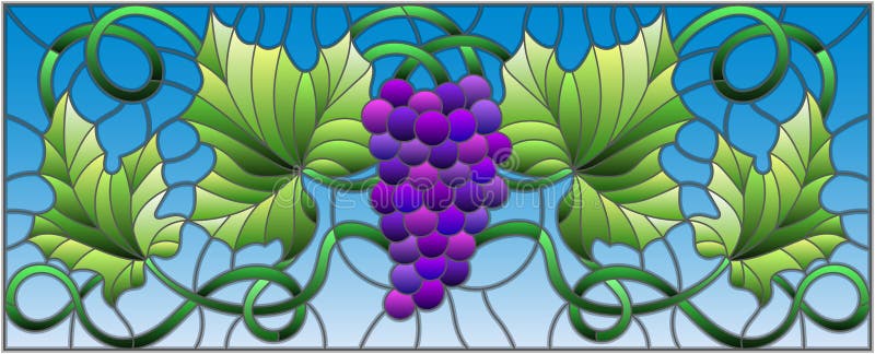 Stained glass illustration with a bunch of red grapes and leaves on sky background,horizontal orientation