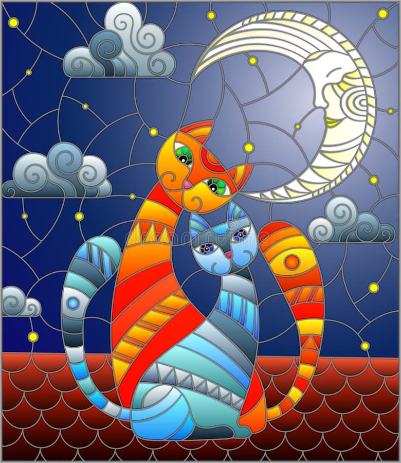 Stained glass illustration A couple of cats sitting on the roof against the starry sky and the moon