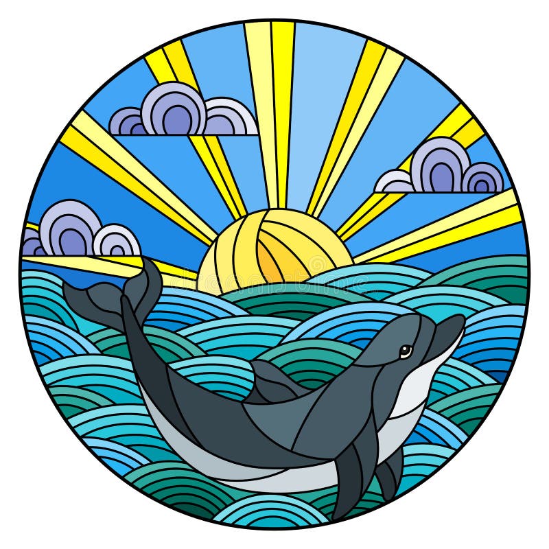 Stained glass illustration dolphin into the waves, Sunny sky and clouds, round image