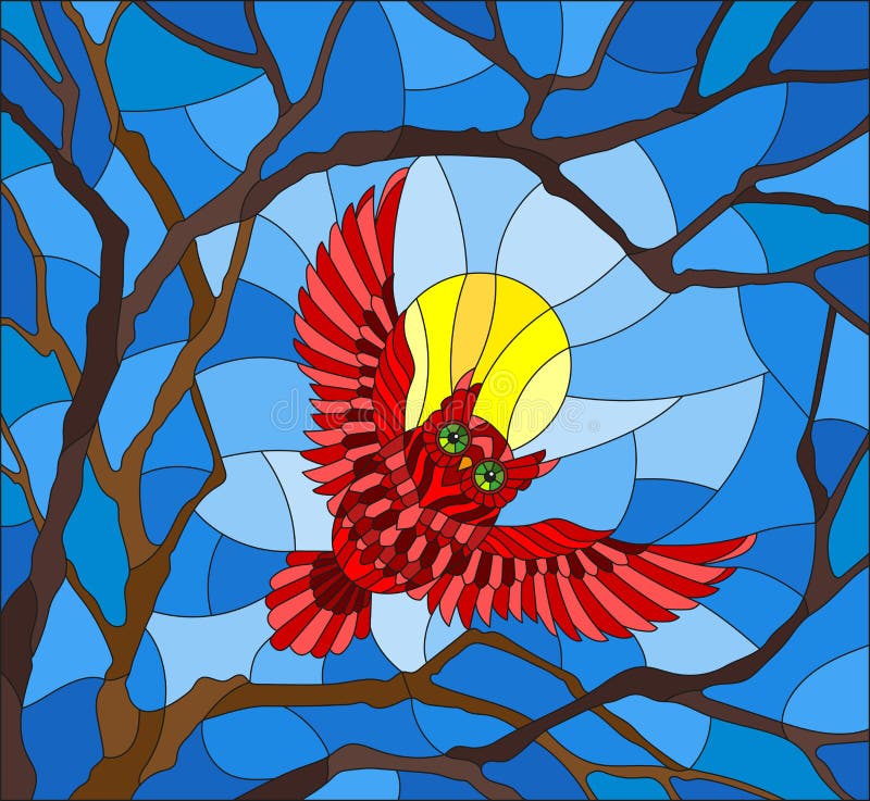 Stained glass illustration painting with the fabulous red owl in the day sky and sun in between the branches of the tree