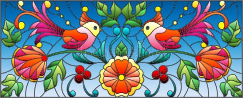 Stained Glass Illustration with a Pair of Abstract Birds , Flowers ...