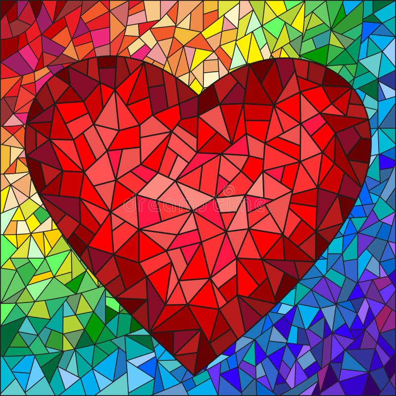 Stained glass illustration with red heart on the rainbow in the background