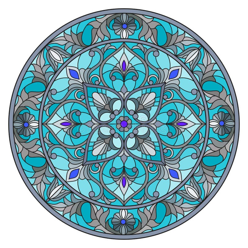 Stained glass illustration , round mirror image with floral ornaments and swirls