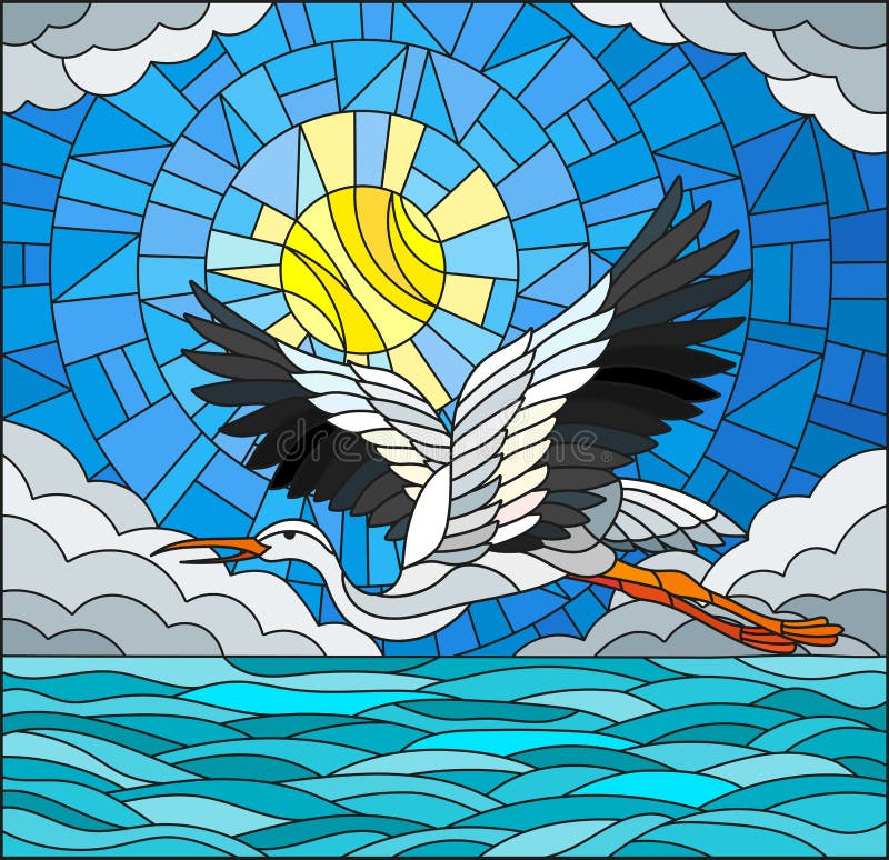 Stained glass illustration stork on the background of sky, sun , clouds and water