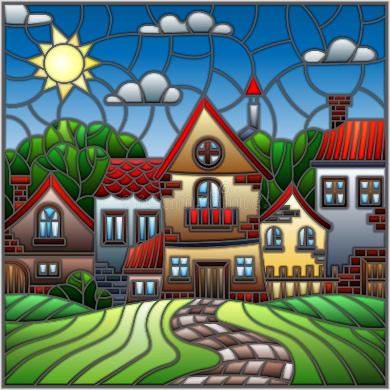 Stained glass illustration urban landscape,roofs and trees against the day sky and sun