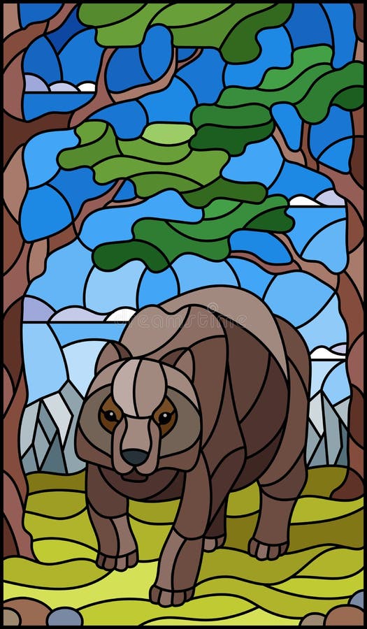Stained Glass Illustration with Wild Bear on the Background of Trees
