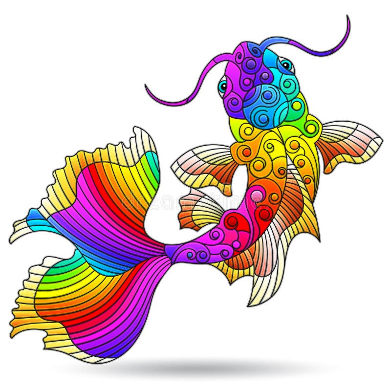 A Stained Glass Illustrations with Koi Carp Fish, Animals Isolated on a