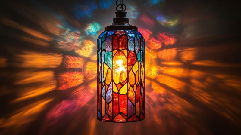 Stained glass lantern casting colorful shadows royalty free stock photos
