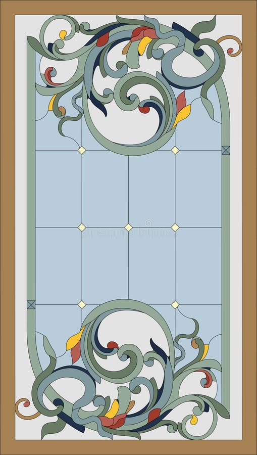 Stained-glass panel in a rectangular frame. Classic window, floral arrangement of buds and leaves. Vector stock illustration