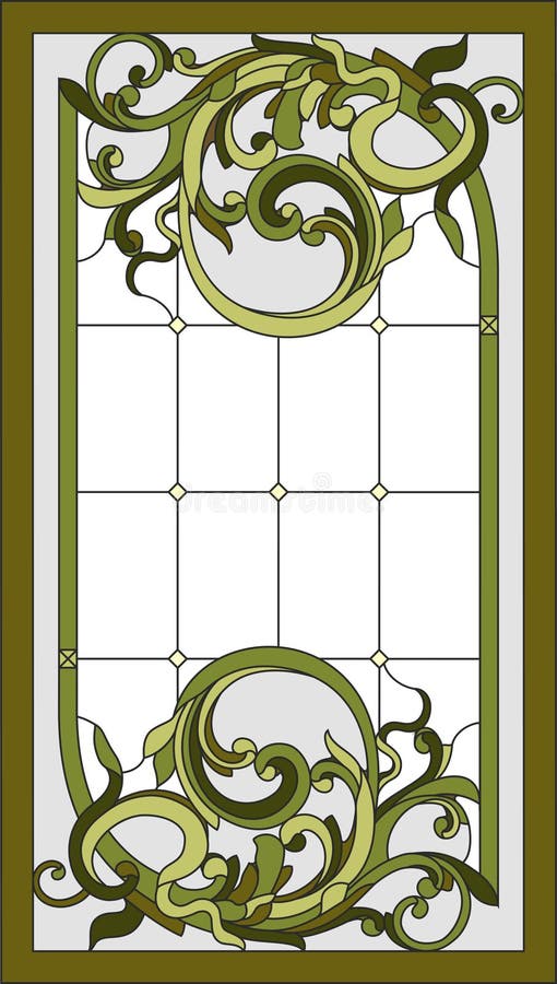 Stained-glass panel in a rectangular frame. Classic window, abstract floral arrangement of buds and leaves. Vector vector illustration