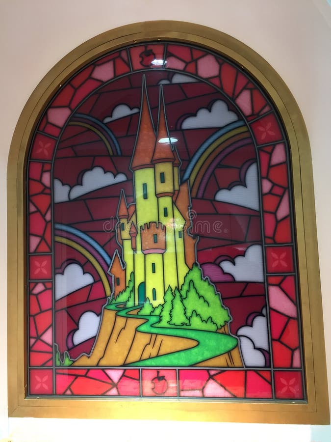 Stained glass window of Maleficent the witch from Disney's