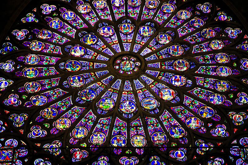 Stained glass side North rose window in the Notre Dame de Paris