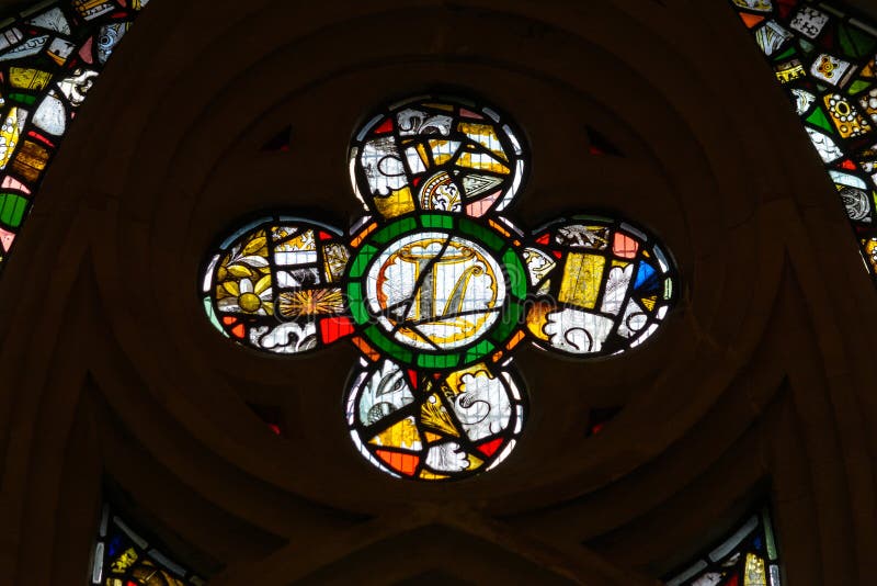Stained Glass in St John Chapel B Tracery lights. England, Bristol - Sep 11, 2017: St Mary Redcliffe Church, Stained Glass in St John Chapel B Tracery lights royalty free stock images Stained Glass in St John Chapel B Tracery lights. England, Bristol - Sep 11, 2017: St Mary Redcliffe Church, Stained Glass in St John Chapel B Tracery lights royalty free stock images