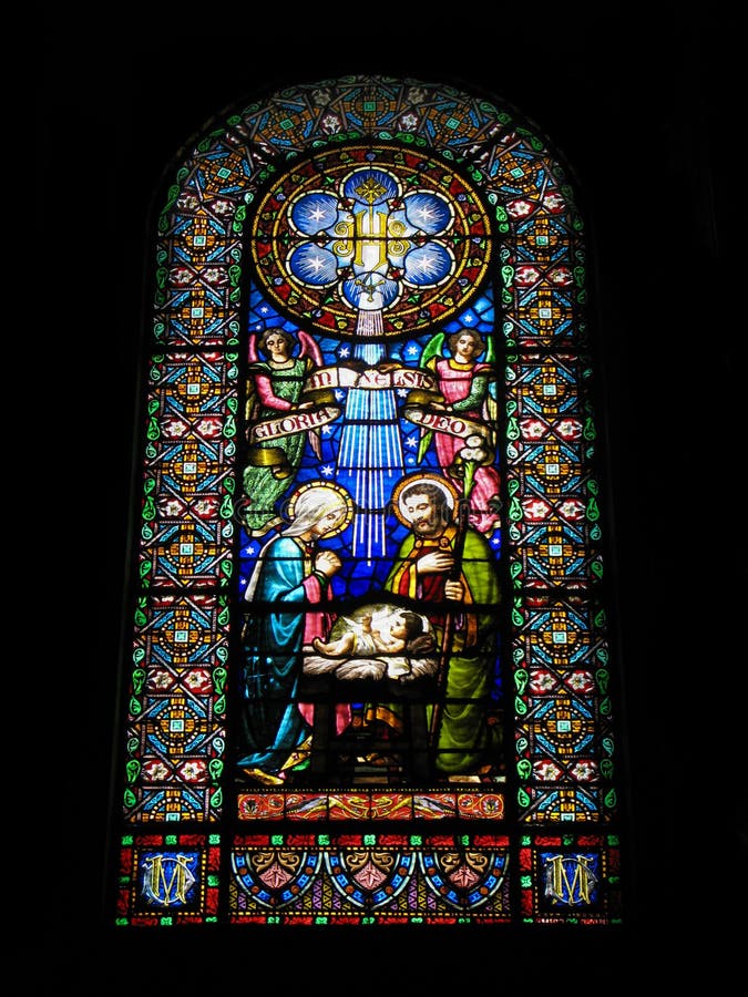 Nativity scene. Stained glass window in the Monastery Montserrat, Spain. stock image Nativity scene. Stained glass window in the Monastery Montserrat, Spain. stock image