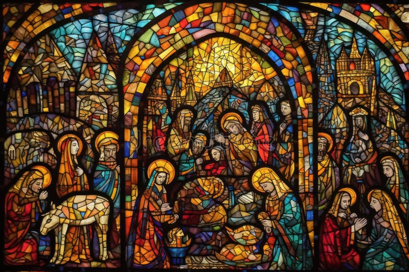 Stained Glass Window with Motifs of the Nativity of Jesus. Stock