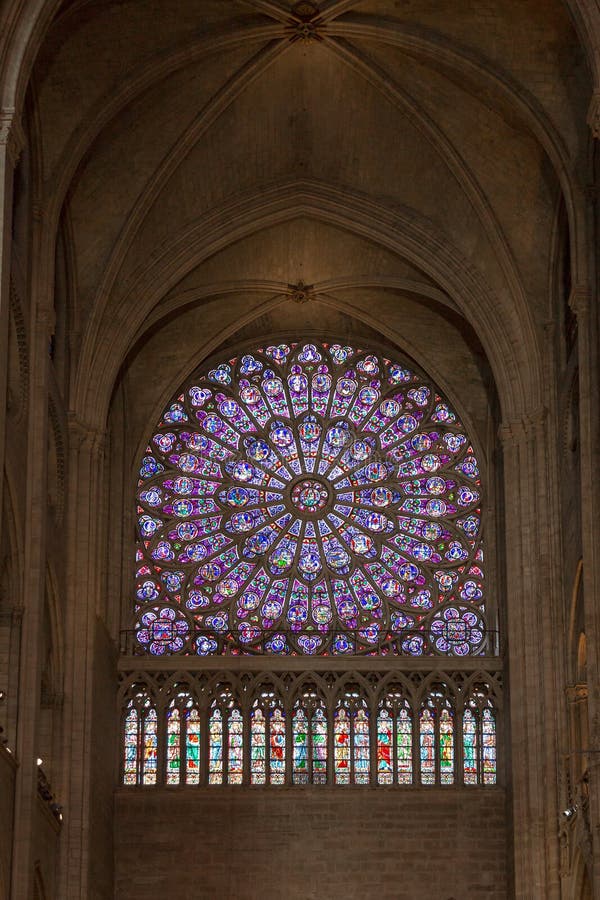 Stained glass window in Notre dame cathedral, Paris