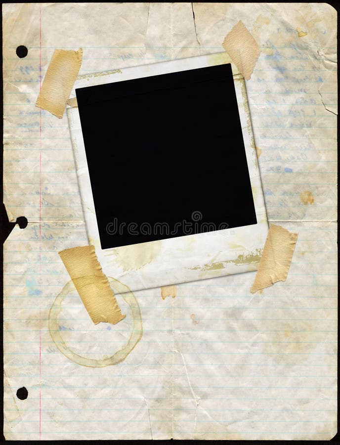 Stained Loose Leaf Paper with Polaroid stock image Stained Loose Leaf Paper with Polaroid stock image