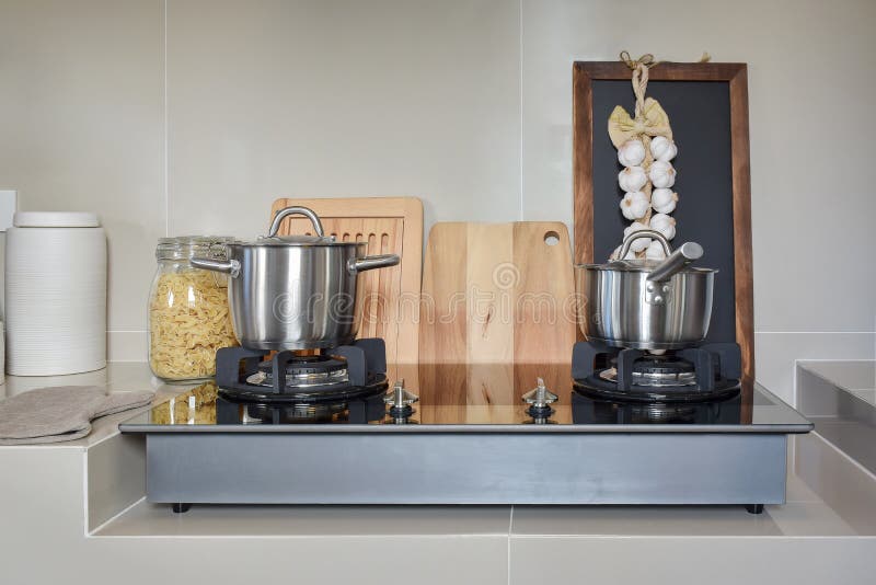 Stainless Pan on Gas Stove with Utensil in Kitchen Stock Photo Image of equipment, interior