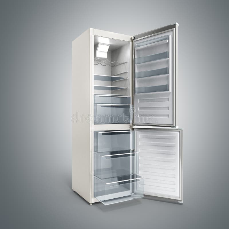 Stainless Steel Modern Open Refrigerator on Grey 3d Illustration Stock