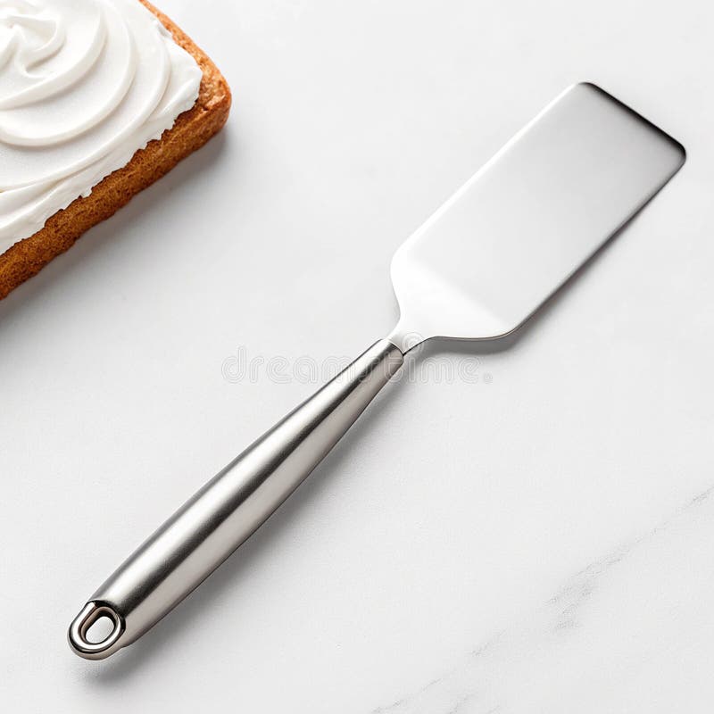 A stainless steel offset spatula rests next to a slice of bread covered in white frosting on a marble surface. Frosting spatula illustrations