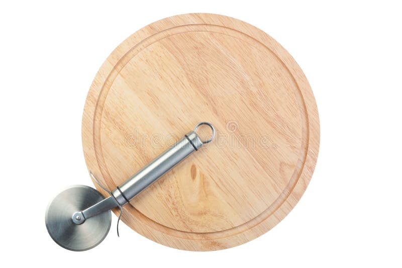 Stainless steel pizza cutter on chopping board