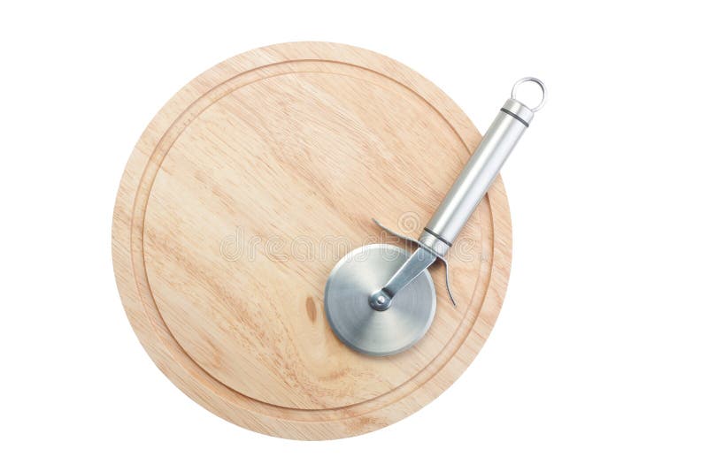 Stainless steel pizza cutter on chopping board