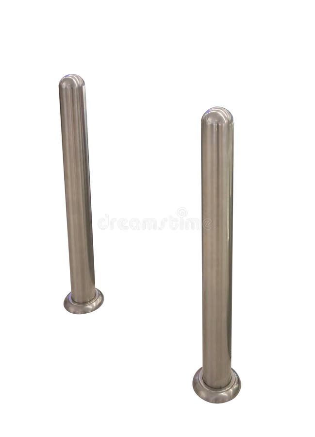 Stainless steel poles or bollards isolated on white. steel poles