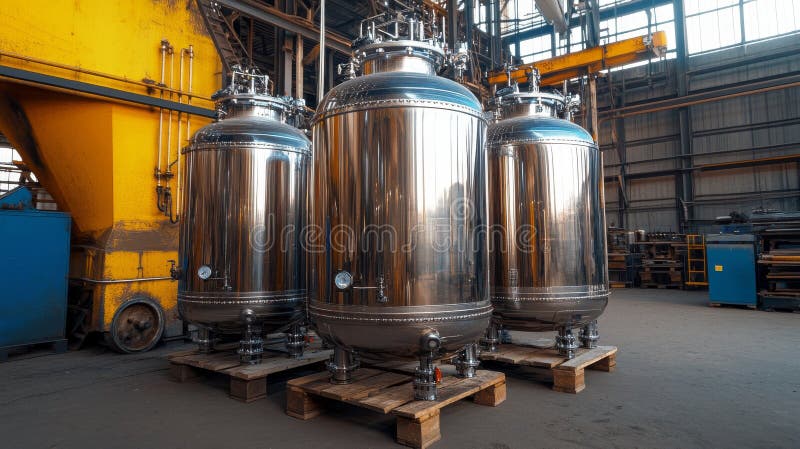 Stainless steel tanks for mixing and blending. Generative AI. royalty free illustration