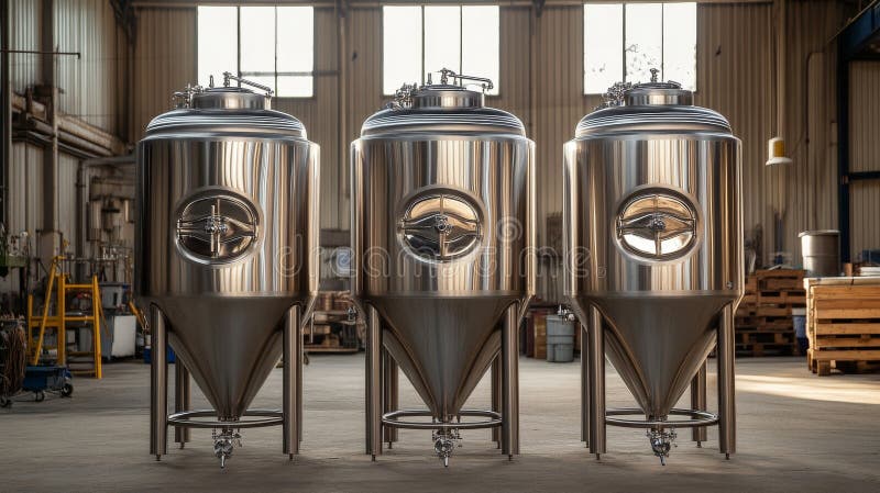 Stainless steel tanks for mixing and blending. Generative AI. royalty free illustration