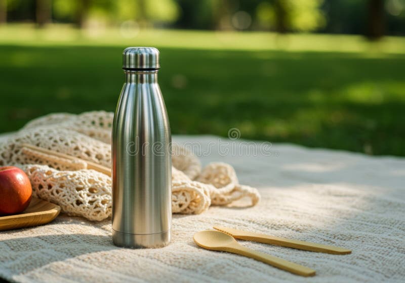 stainless-steel-water-bottle-on-picnic-blanket-in-park-stock