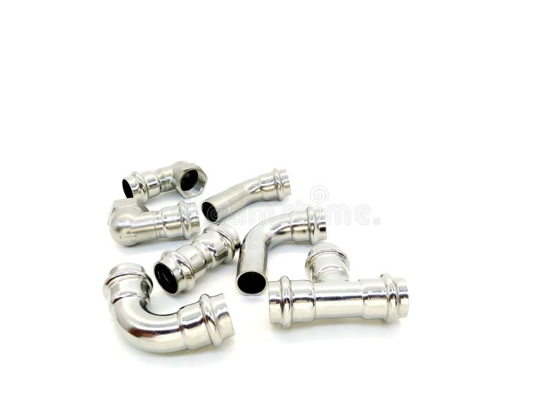 Stainless Steel Water Pipe Fittings on White Background Stock Photo
