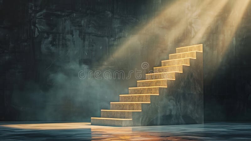 Staircase di garanzia delle imposte : Rendering 3D futuristico di scale luminose in una stanza buia illustrazione di stock