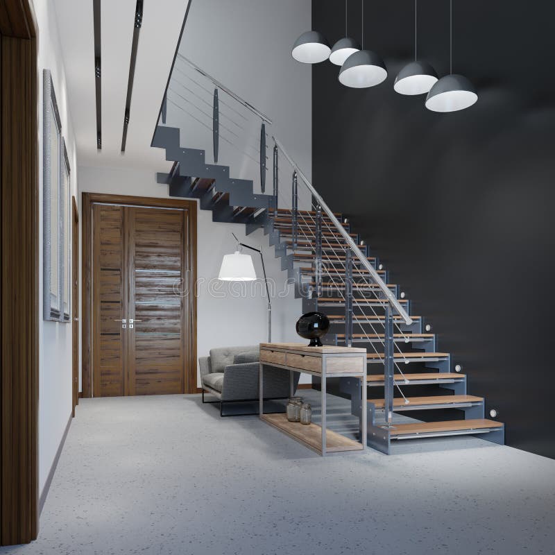 Staircase to the second floor in a modern apartment with metal railings and wooden steps with large pendant lamps, black and white