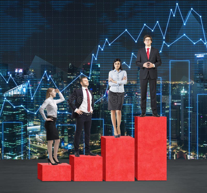 Stairs as a huge red bar chart. Business people are standing on each step as a concept of range of problems or levels of responsib royalty free stock photography Stairs as a huge red bar chart. Business people are standing on each step as a concept of range of problems or levels of responsib royalty free stock photography