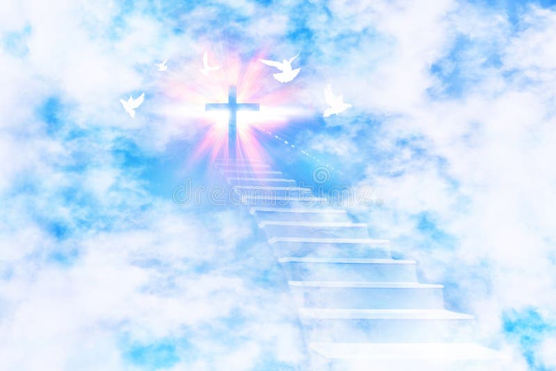 Stairs leading to the sky with cross and flying doves