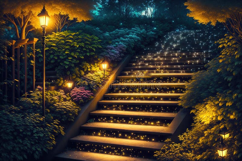 Stairs at Night with Lights, Trees and Garden by AI Generated Stock